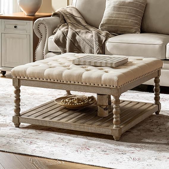 Upholstered Rectangular Ottoman with Spindle Legs & Storage Shelf