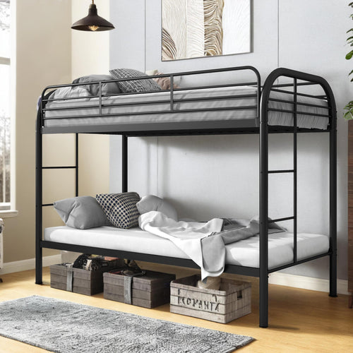 Twin Over Twin Metal Bunk Bed with Dual Ladders and Full-Length Guardrail