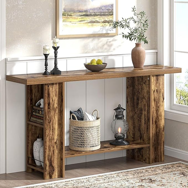 2-Tier Console Table with Side Storage Shelves, 53 Inch
