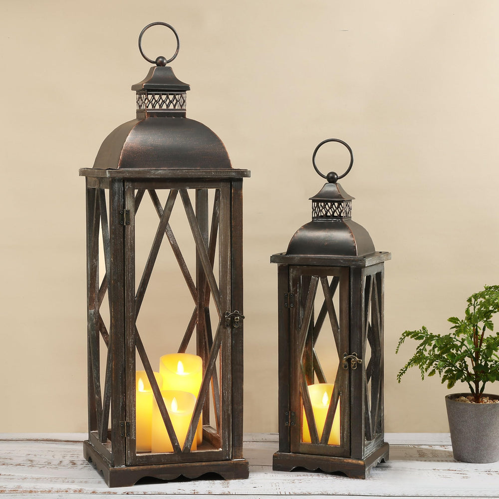 Farmhouse Outdoor Lanterns Set of 2 – Rustic Candle Holder Decor for Patio, Porch & Garden