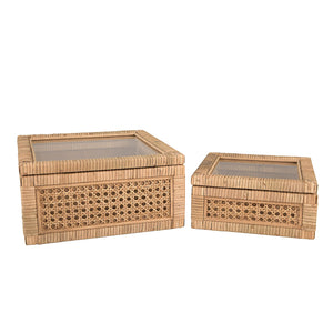 Rattan & Wood Display Boxes with Glass Top – Set of 2