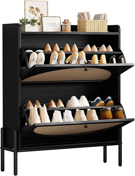 Rattan Shoe Cabinet with Flip Drawers