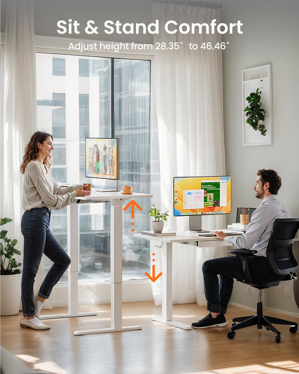 Electric Standing Desk with Drawer – 47" Adjustable Height, White