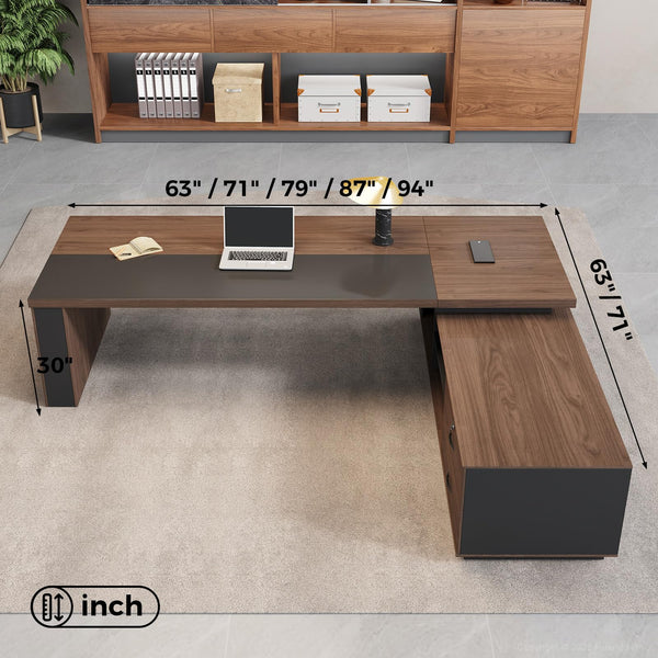 L-Shaped Executive Desk with LED Accent Light, Locking Drawers & 3-in-1 Charging Station