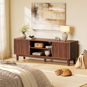 PRAISUN 54 Inch TV Stand for 55, 60 Inch TV, Fluted Entertainment Center with 2 Cabinets, TV Consoles for Living Room, 3-Level Adjustable Shelf, 4 Cable Holes, Meida Console, Walnut