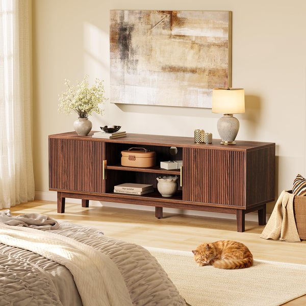 PRAISUN 54 Inch TV Stand for 55, 60 Inch TV, Fluted Entertainment Center with 2 Cabinets, TV Consoles for Living Room, 3-Level Adjustable Shelf, 4 Cable Holes, Meida Console, Walnut