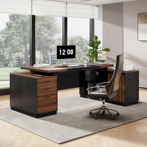 78-Inch L-Shaped Executive Desk with Power Outlet, Drawers & Storage Cabinet