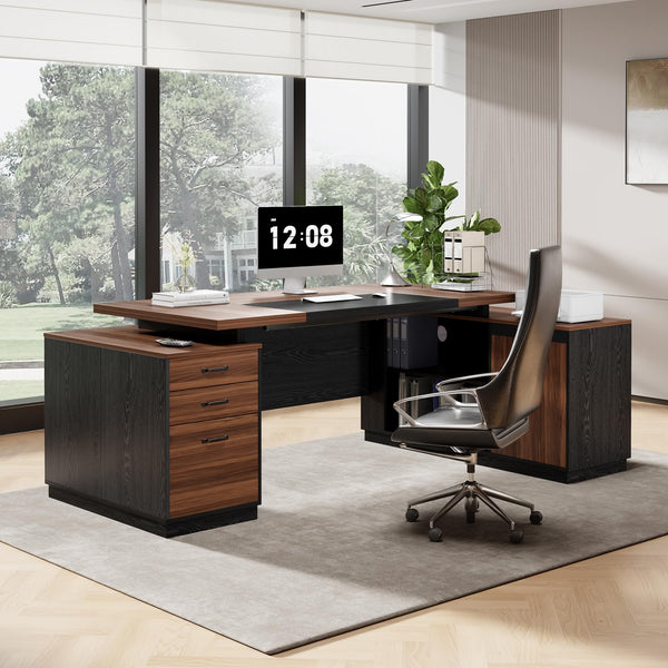 78-Inch L-Shaped Executive Desk with Power Outlet, Drawers & Storage Cabinet