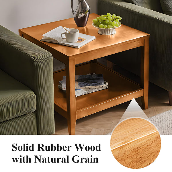 Solid Wood Square End Table with 2-Tier Storage Shelf