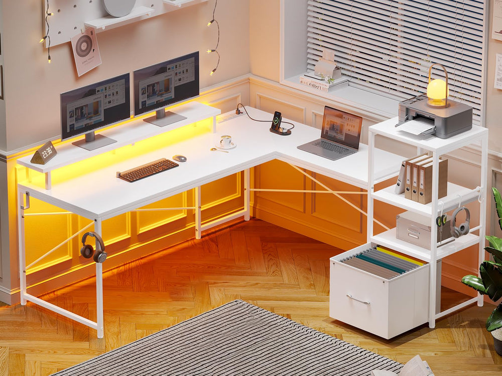 L-Shaped Corner Desk with Storage, LED Lights & Power Outlet