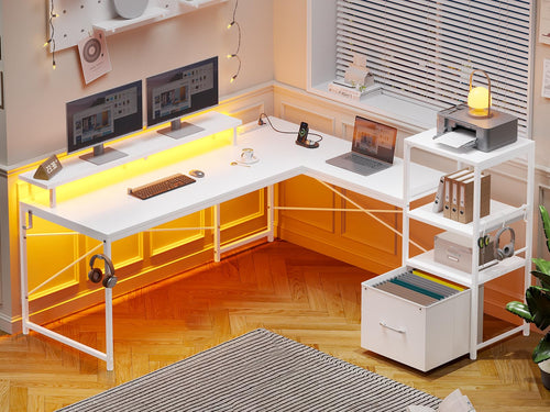 L-Shaped Corner Desk with Storage, LED Lights & Power Outlet