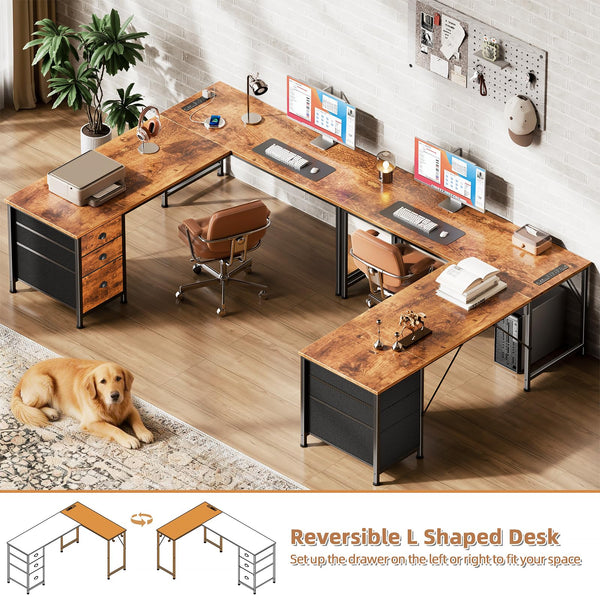 L-Shaped Computer Desk with Power Outlet & USB-C, File Cabinet, Fabric Drawers