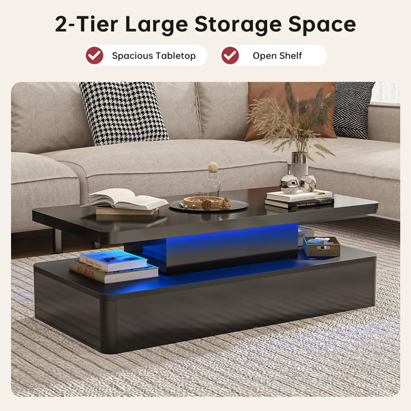 LED Coffee Table with Storage & Double-Layer Shelves