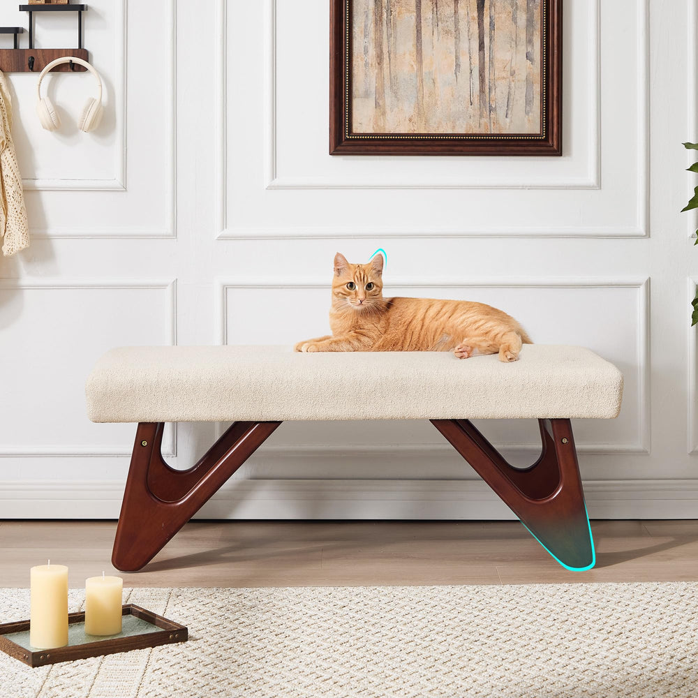 Upholstered Entryway Bench with Cat-Ear Solid Wood Legs