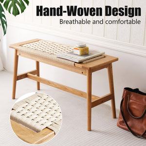Handwoven Cotton Rope Wood Bench – Solid Oak, Entryway & Bedroom