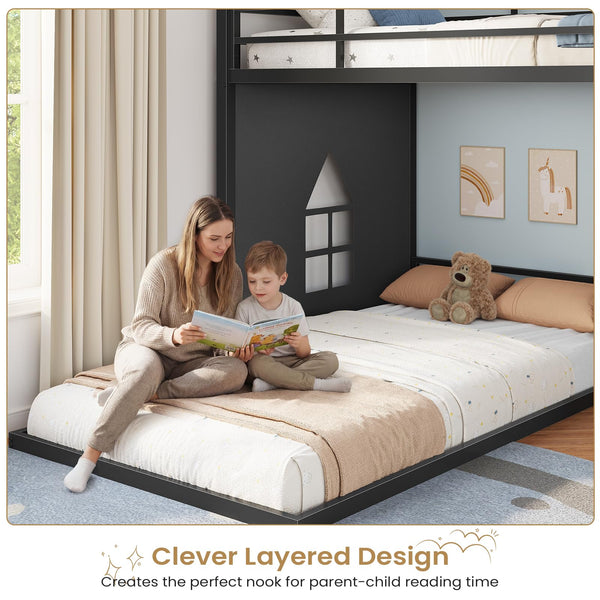 Twin Over Twin L-Shaped Low Bunk Bed with Storage & LED Lights