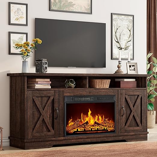 63" Farmhouse TV Stand with 26" Electric Fireplace