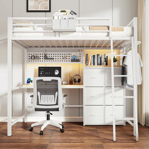 Twin Loft Bed with Desk, Storage Drawers & LED Lights