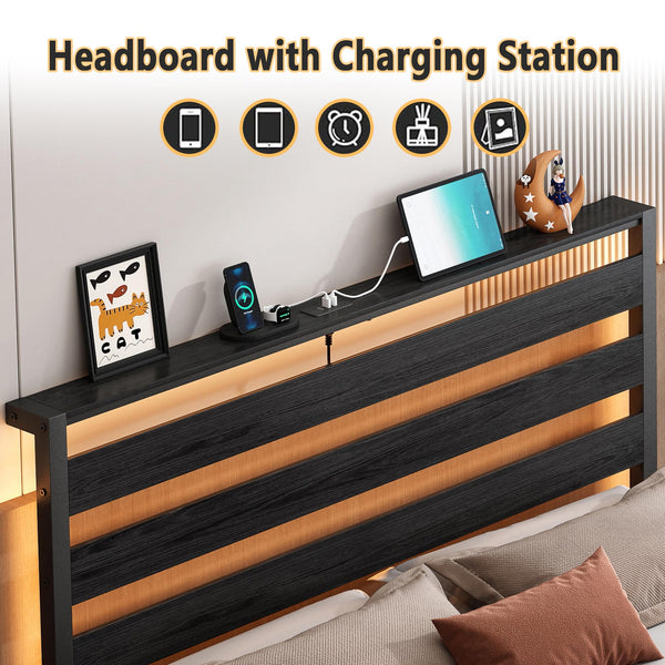 Metal Platform Bed Frame with LED Lights, USB Charging & Storage Headboard
