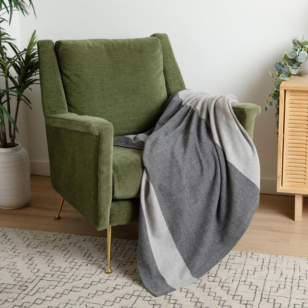 100% Pure Cashmere Throw Blanket – Woven, Large 73"x53", Gray & Beige Stripe
