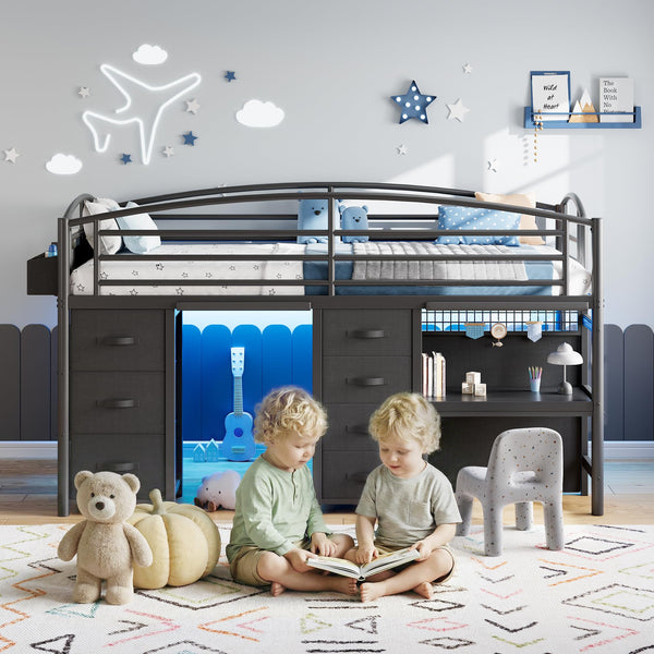Twin Low Loft Bed with 7 Storage Drawers, Desk & LED Lights