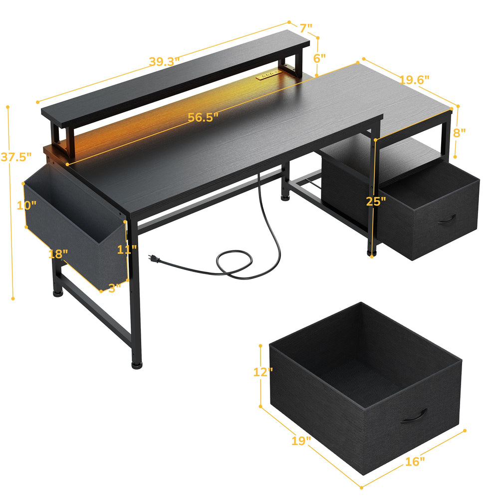 Computer Desk with Monitor Stand, File Drawers & Charging Station