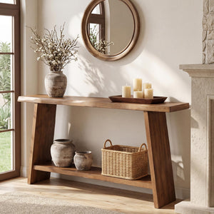 62.99" Solid Wood Console Table with 2-Tier Storage Shelf