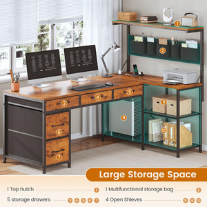 L-Shaped Desk with Hutch, 5 Drawers, Storage Shelves, Power Outlet & LED Lights