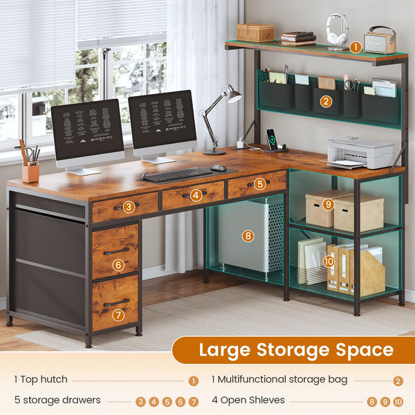 L-Shaped Desk with Hutch, 5 Drawers, Storage Shelves, Power Outlet & LED Lights