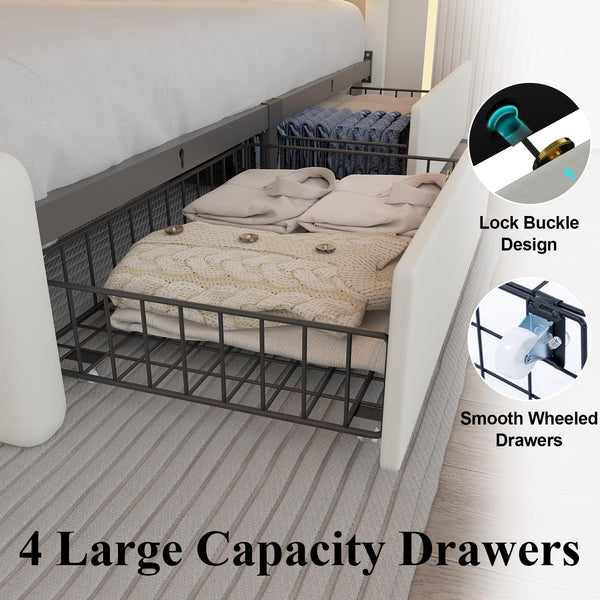 Upholstered Platform Bed Frame with LED Headboard, Storage Drawers & Charging Station