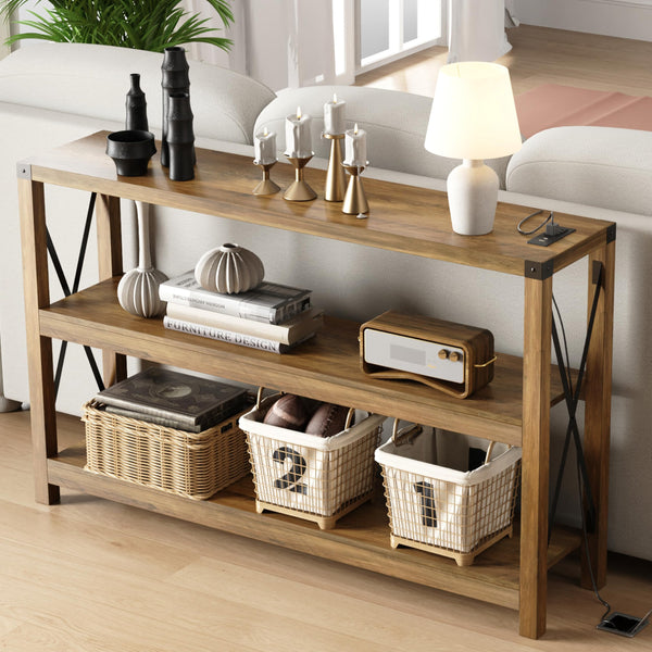 Entryway Console Table with Outlets, USB Ports & 3-Tier Open Shelves