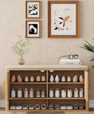 Fluted Shoe Storage Bench with Cushion — Natural Oak