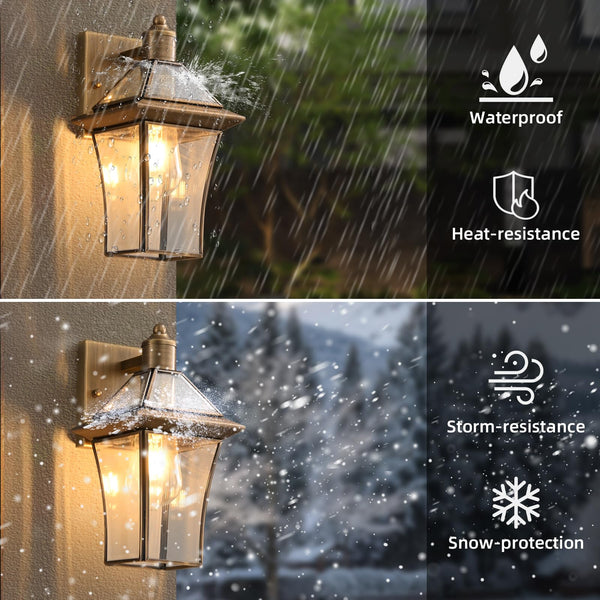 Brass Outdoor Wall Lanterns 2-Pack – Waterproof Glass Shade Sconces for Porch, Front Door & Entryway