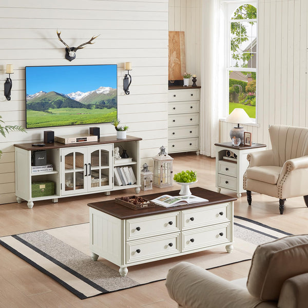 Farmhouse TV Stand with Glass Doors & Storage