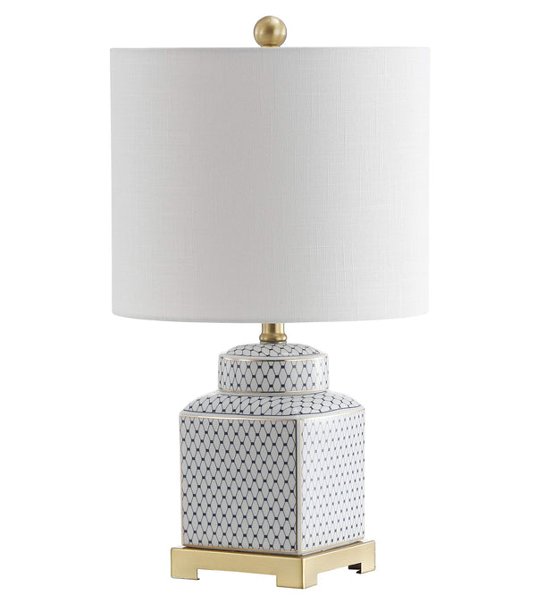 Ceramic Ginger Jar LED Table Lamp – Chinoiserie Fishnet Pattern, Linen Shade