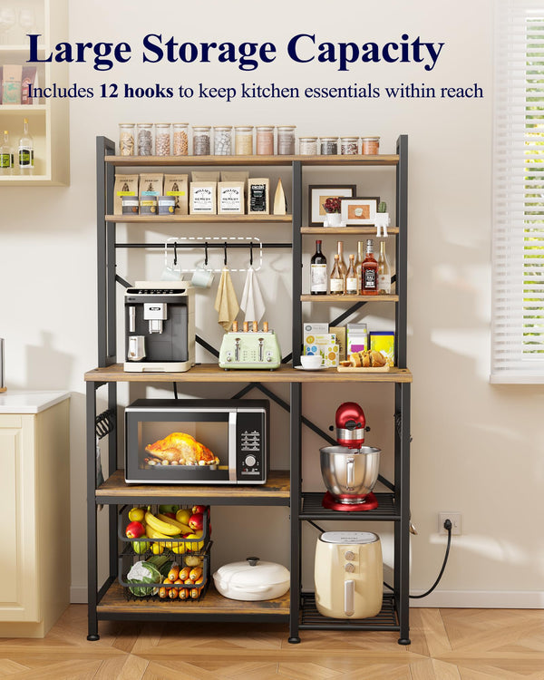 Baker's Rack with Power Outlet 12 Hooks Multi-Shelf Kitchen Storage