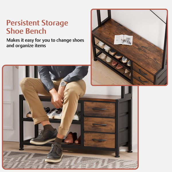 6-in-1 Hall Tree with Bench, 12 Hooks, 3 Drawers & Shoe Storage – 31.5"L x 11.8"W x 20.5"H