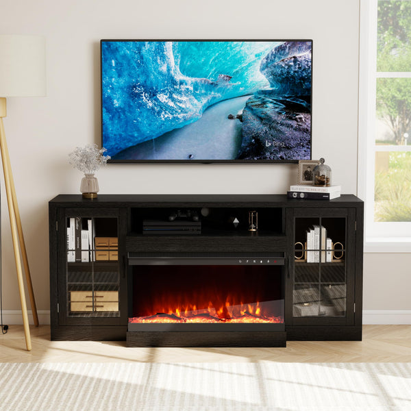 63" Fireplace TV Stand with 3-Sided Electric Fireplace & Glass Door Storage