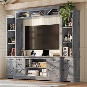 98" Farmhouse Wall Unit Entertainment Center with Barn Doors & Power Outlets
