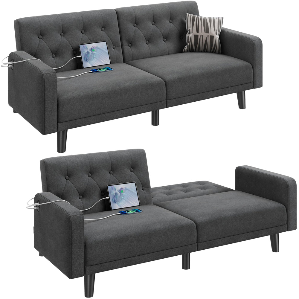 63" Convertible Futon Sofa Bed with USB Ports & Reclining Backrest