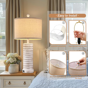 Farmhouse Table Lamps Set of 2 with USB Ports – Rustic Bedside & Living Room Lighting