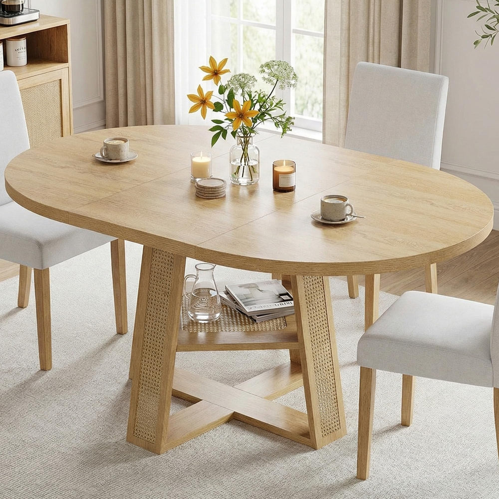 Extendable Round Dining Table with Storage Shelf – Seats 4 to 8