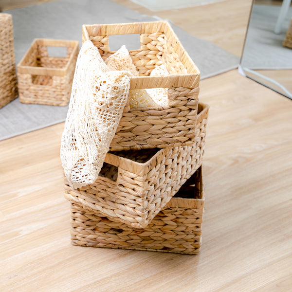 Water Hyacinth Storage Baskets – Handwoven Wicker Shelf Organizers