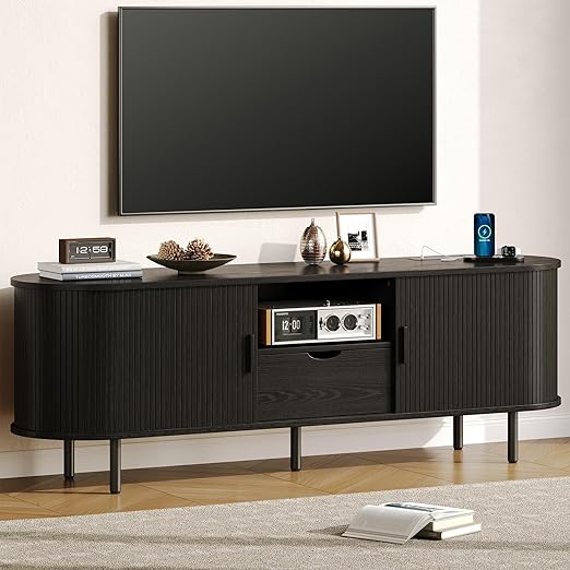 Mid-Century Modern TV Stand with Power Outlet & Storage