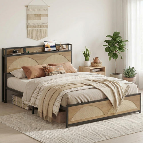 Rattan Queen Bed Frame with LED Lights & Charging Station