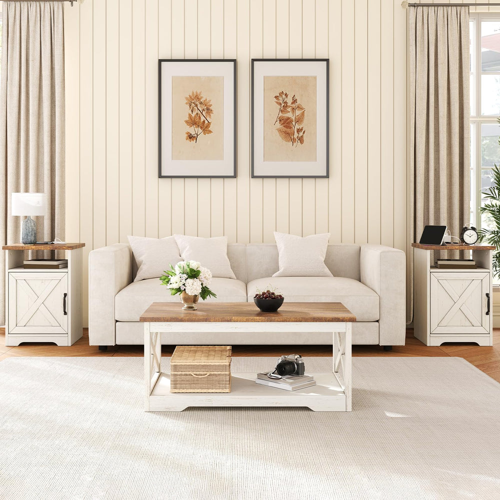 3-Piece Farmhouse Coffee Table Set with End Tables & Charging Station