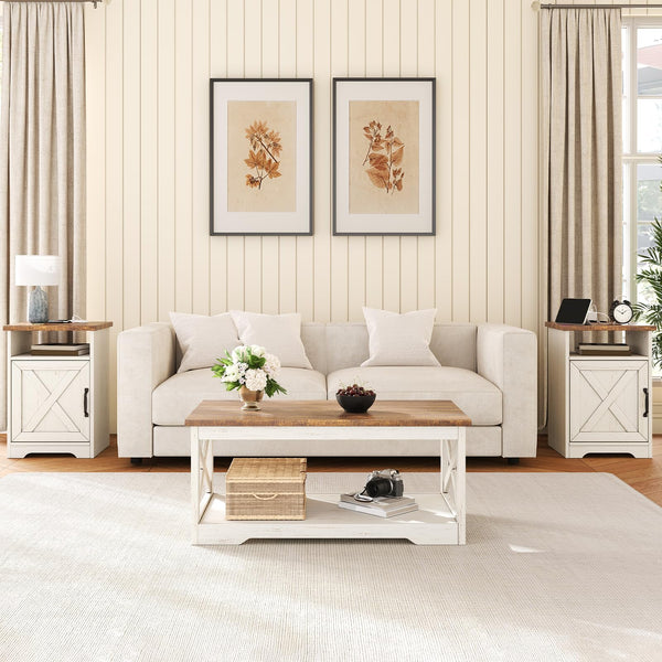 3-Piece Farmhouse Coffee Table Set with End Tables & Charging Station
