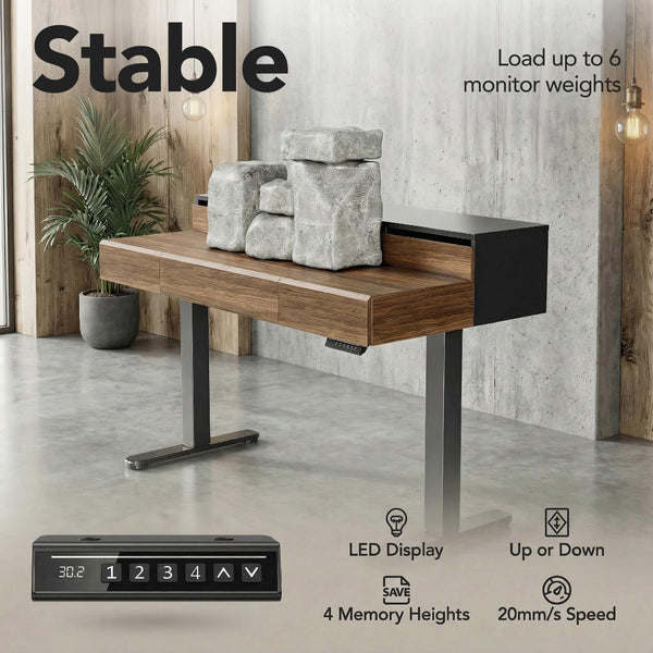 Electric Standing Desk with 5 Solid Wood Drawers & Desktop Riser, 48" x 26" – Dark Walnut