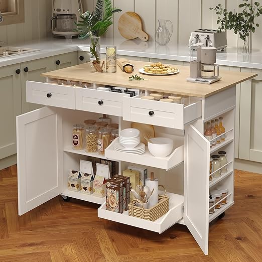 Rolling Kitchen Island with Drop Leaf Countertop & Charging Station