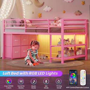 Twin Low Loft Bed with LED Lights & Storage Drawers
